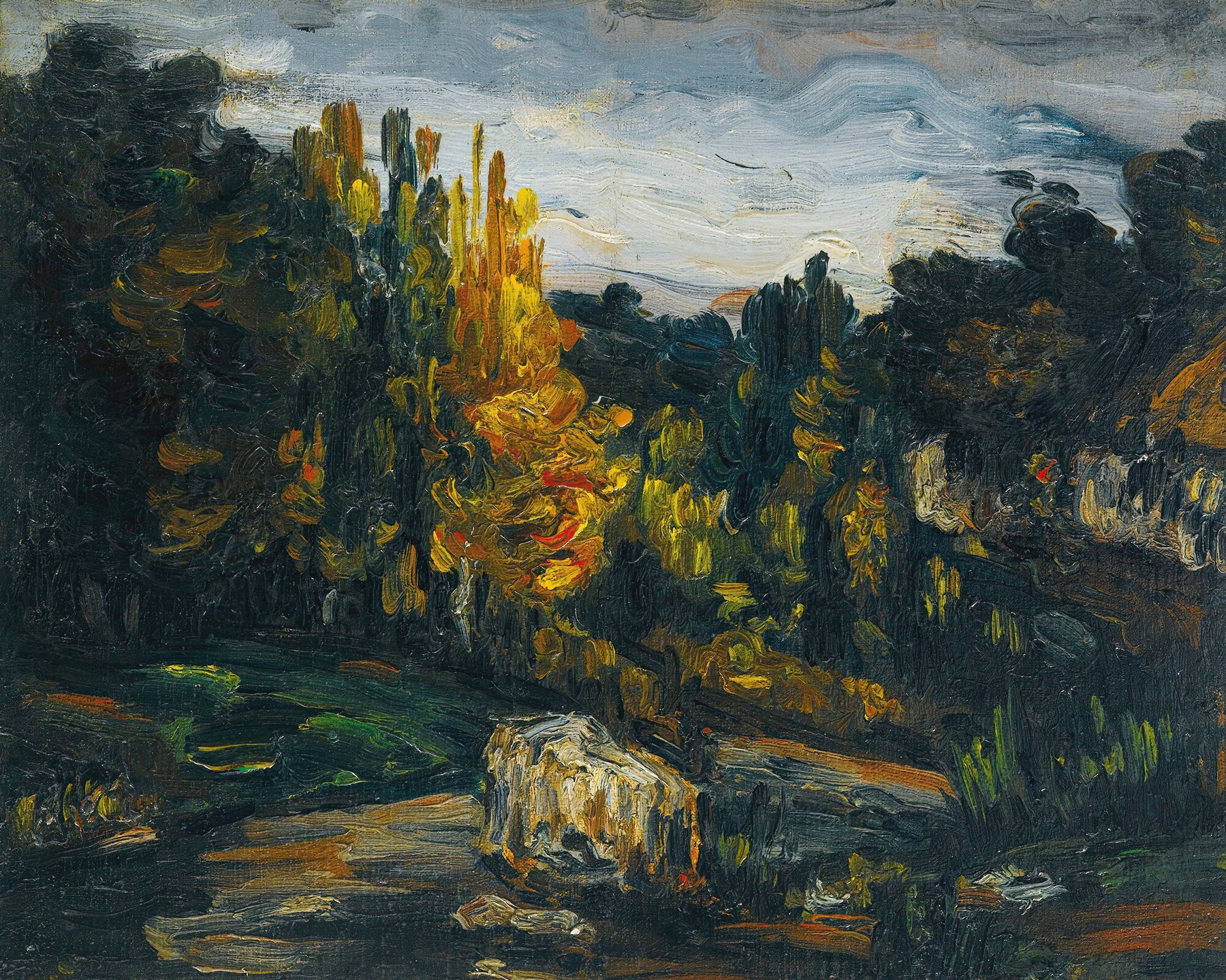 Peinture coloré représentant la nature, arbre et roche, abstraitement