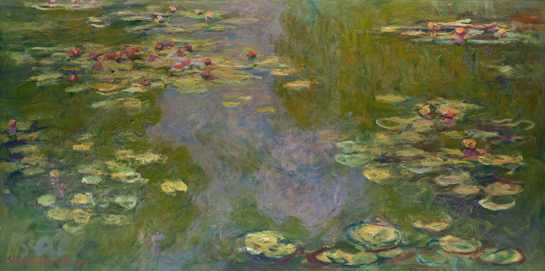 Peinture d'une etendu d'eau avec des nénuphars et des plantes