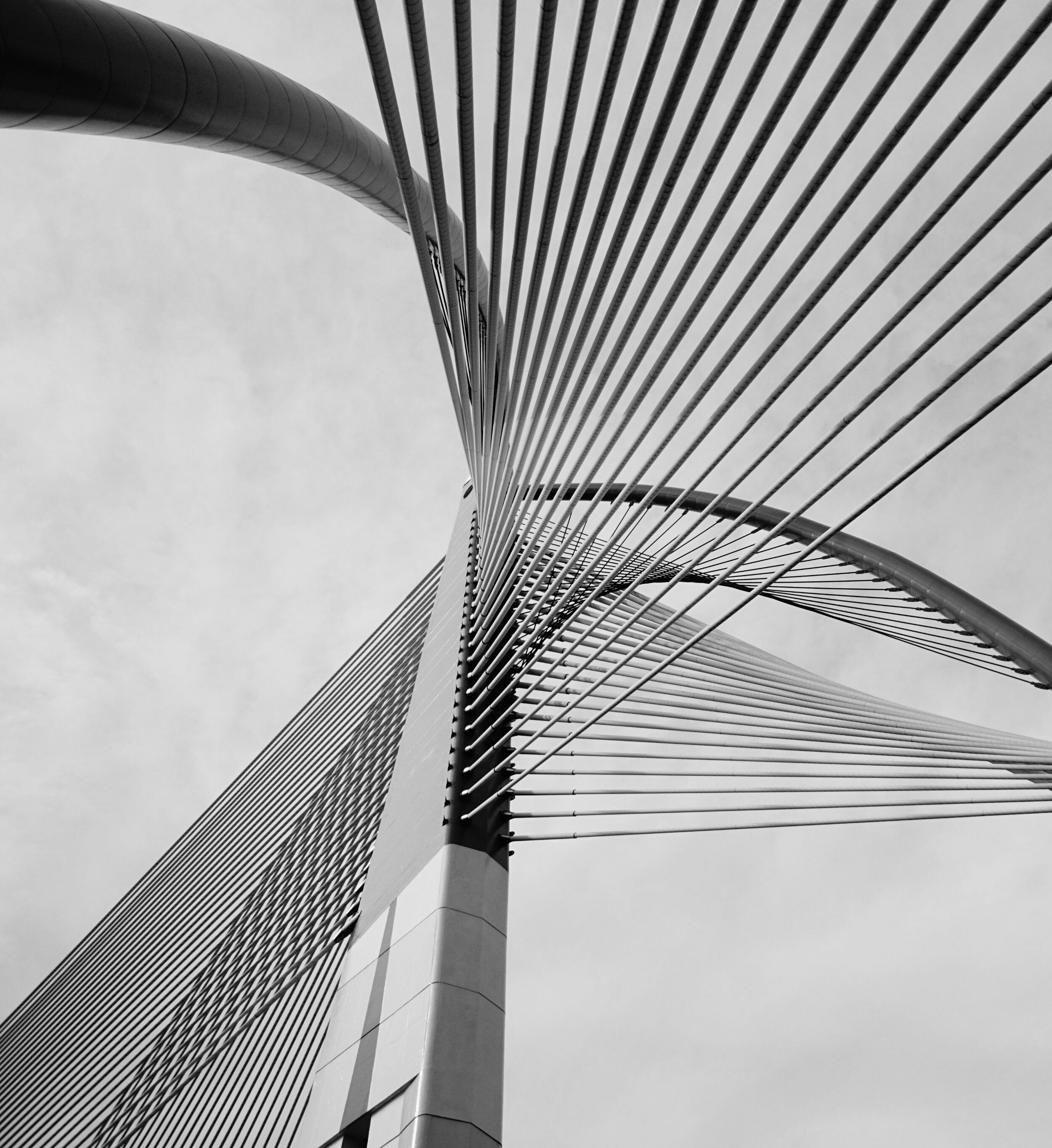 Image d'un poteau appartenant à un pont. Multiple câbles accrochés. Photo en noir et blanc