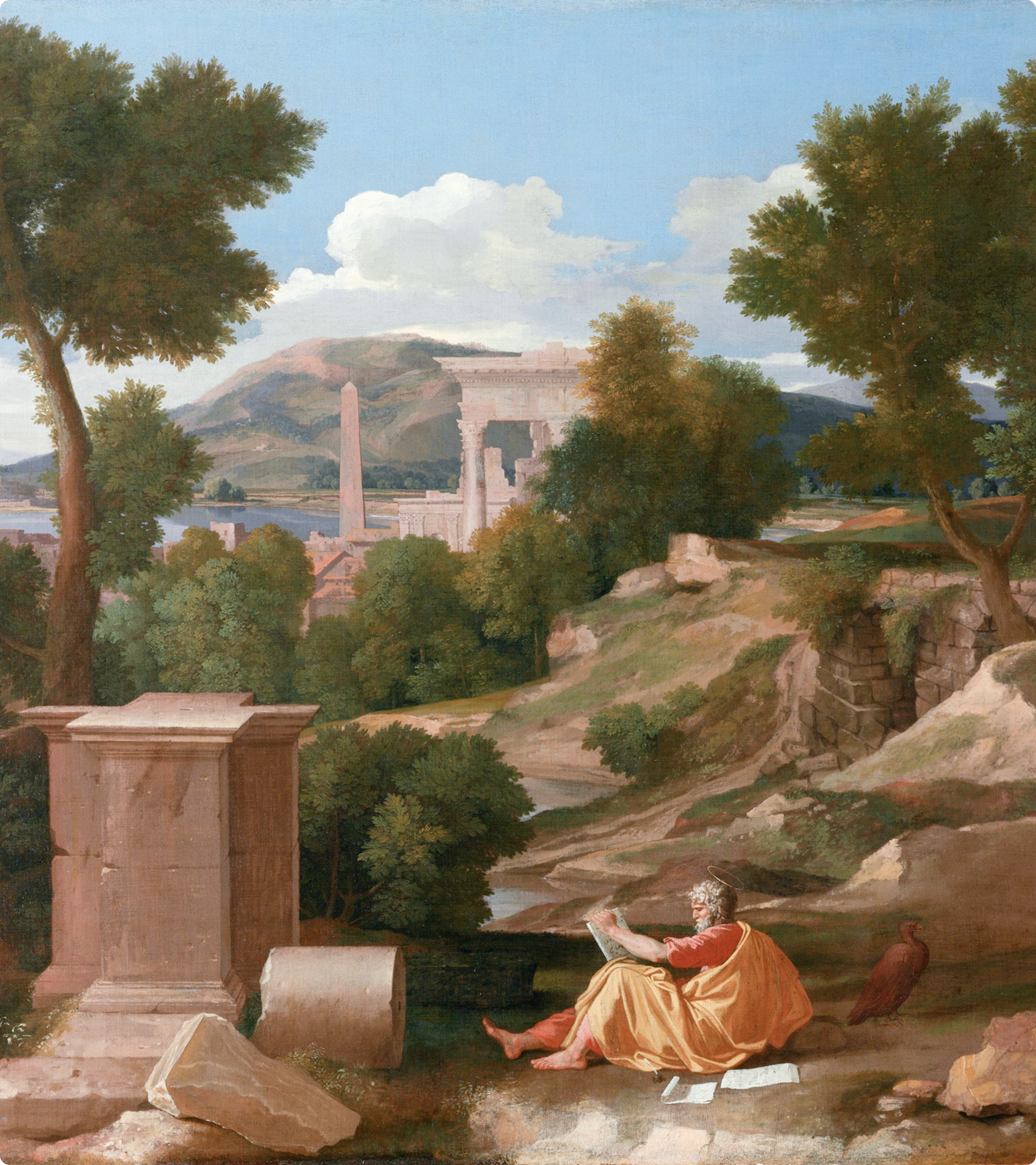 Peinture représentant un homme dans des bâtiments abandonnés, en nature, à l'époque de l'Antiquité